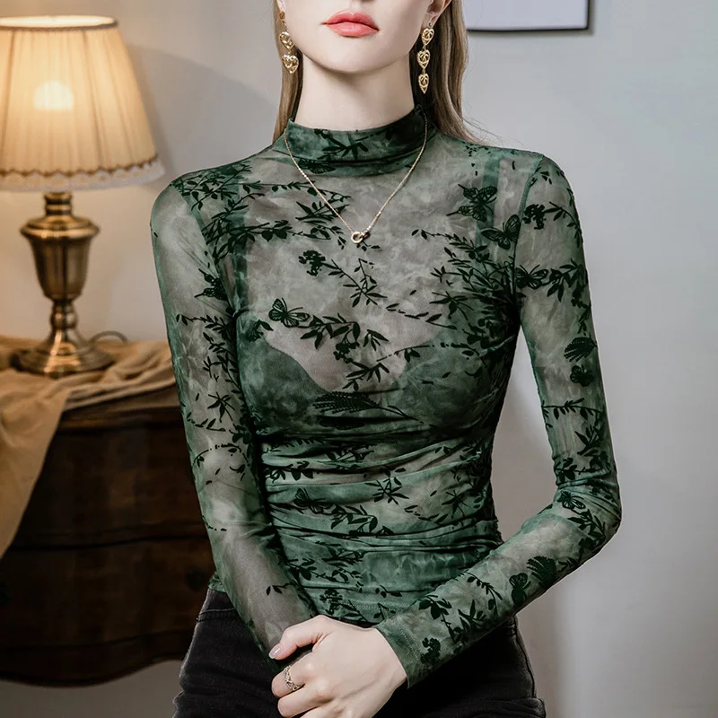 MadBlack-Women European T-Shirt, Sexy Mock Neck Flocking Print, Vintage Long Sleeve Slim Sheer S-3XL Tee, 2026 Autumn T670101CC