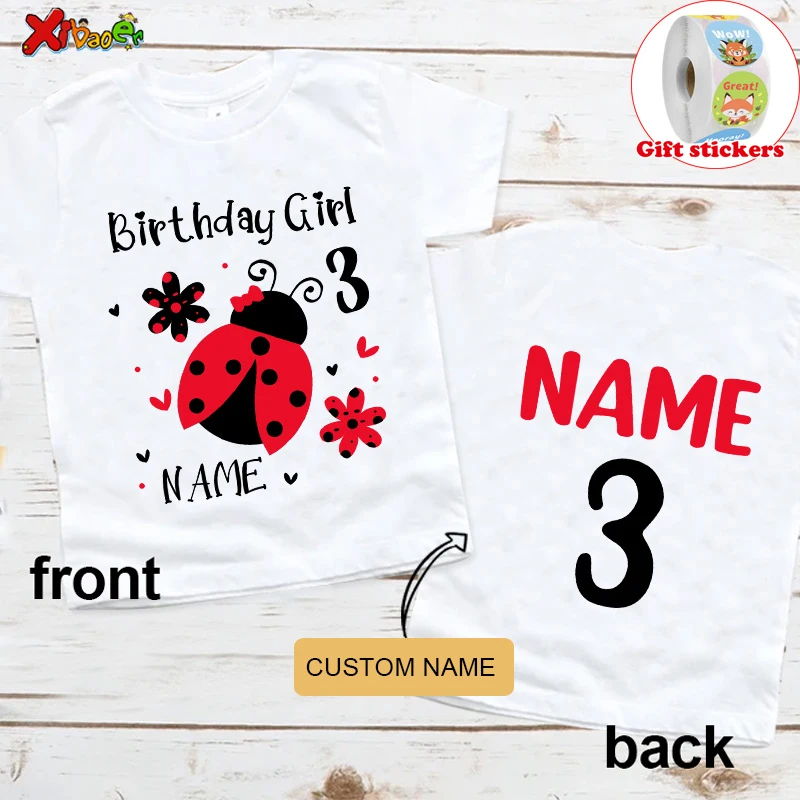 Kids CartoonLadybug Custom Name Shirt Toddler Baby Gift Seven Star Ladybug Birthday White T-shirt Give Away Children's Stickers