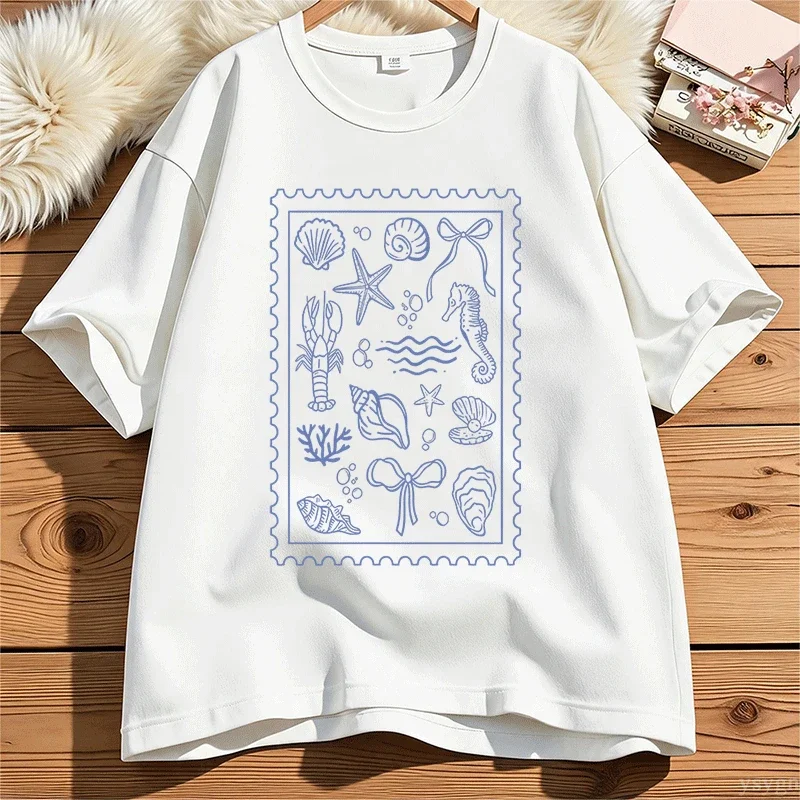 Coquette Seashell T Shirt Coastal Summer Tee Beachy Shell Swim Crewneck T-shirt Trendy Shellfish Ocean Bow Tshirt Women Clothing
