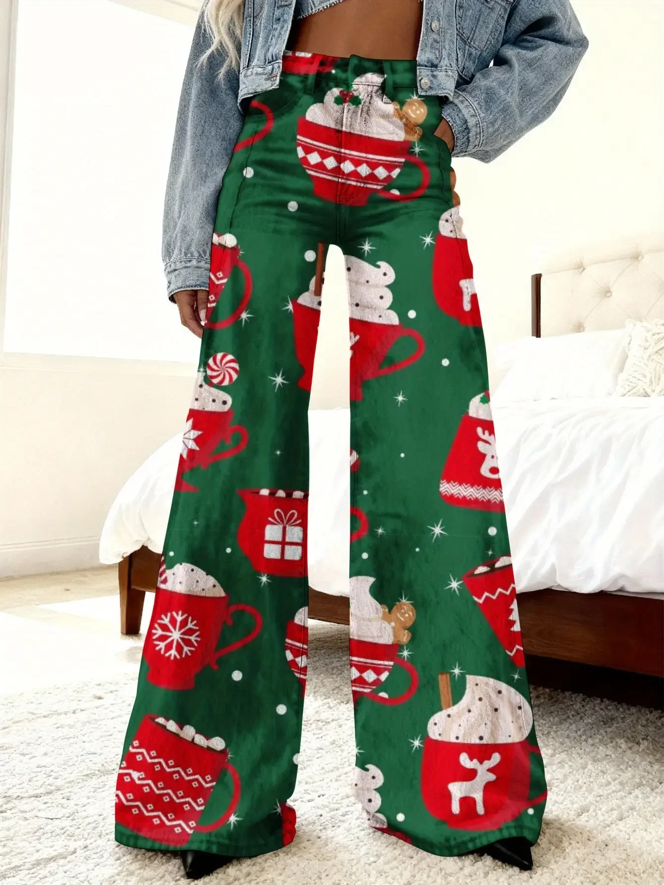 

2026Ladies' imitation denim pants with Santa Claus snowflake pattern autumn and Coffee Cup Christmas Limited Edition