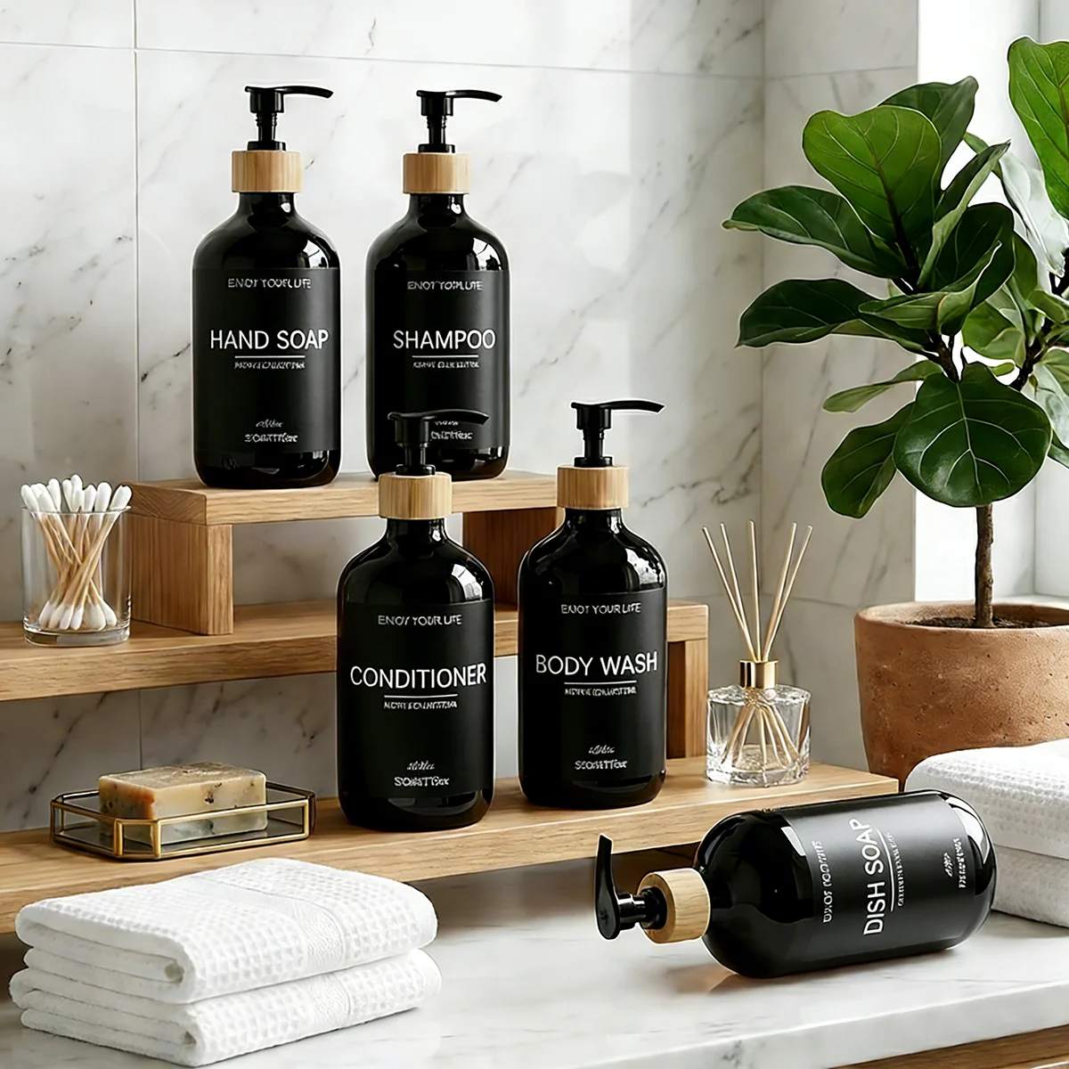 Kitchen & Bathroom Soap Dispenser Set -Refillable Black PET Plastic Bottles with Bamboo Pumps Modern Farmhouse Decor for Shampoo