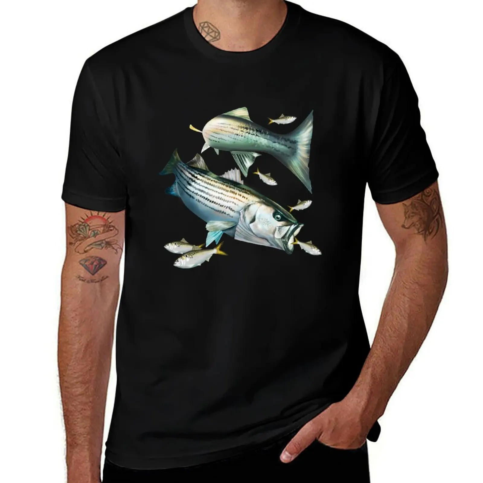 Striped Bass Chasing Menhaden T-Shirt High Elasticity Sports Tee Shirt T-Shirt