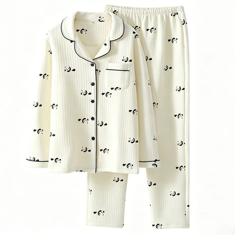 Elegant Women Sleepwear Cotton Print Panda Pajamas Set Lapel Collar 2Pcs Long Sleeve Home Wear Soft Daily casual Pants Nightie