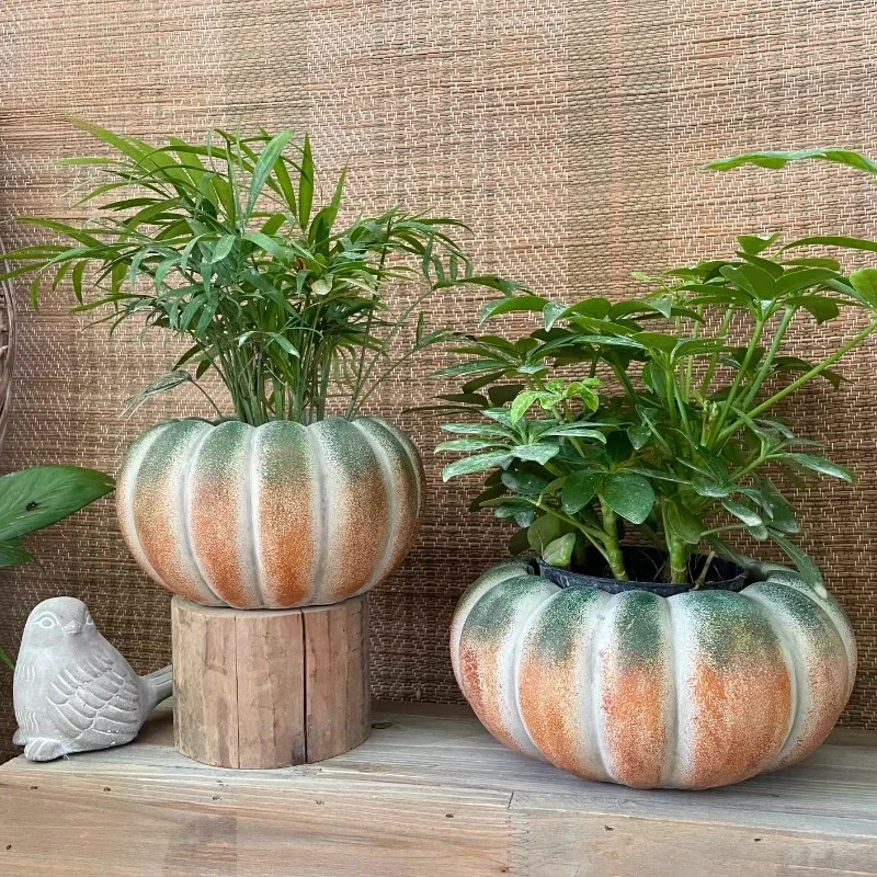 Handmade Ceramic Cement Flower Pot  Natural Pumpkin-Shape Planter  Potted Plant Container Outdoor Desktop Succulent Pot