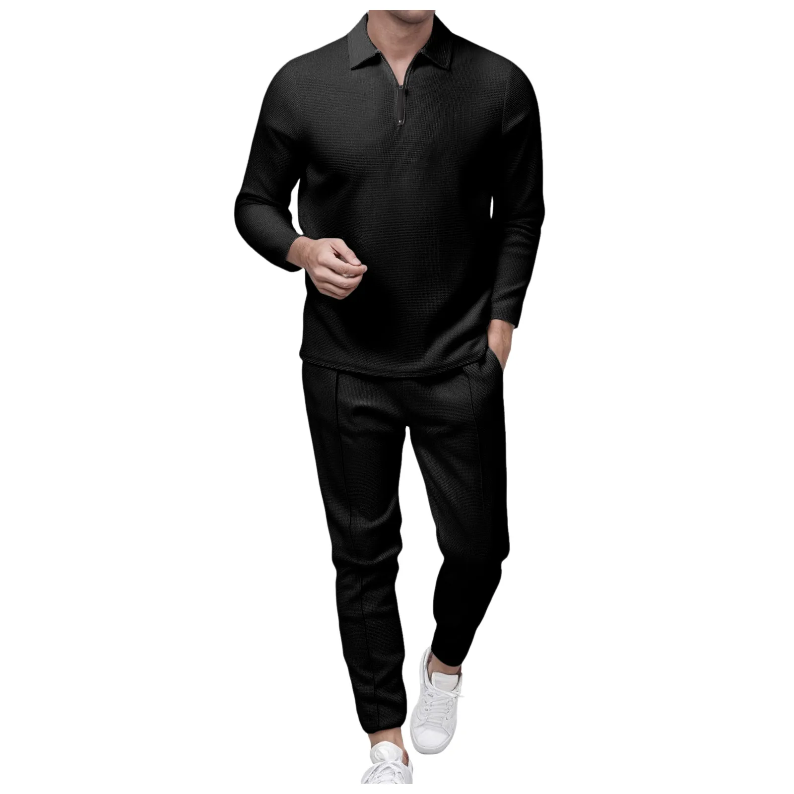 6 قطعة بدلة رجالية بلون سادة متماسكة نصف سحاب كم طويل سراويل طويلة أطقم رياضية غير رسمية 38s بدلة رجالية