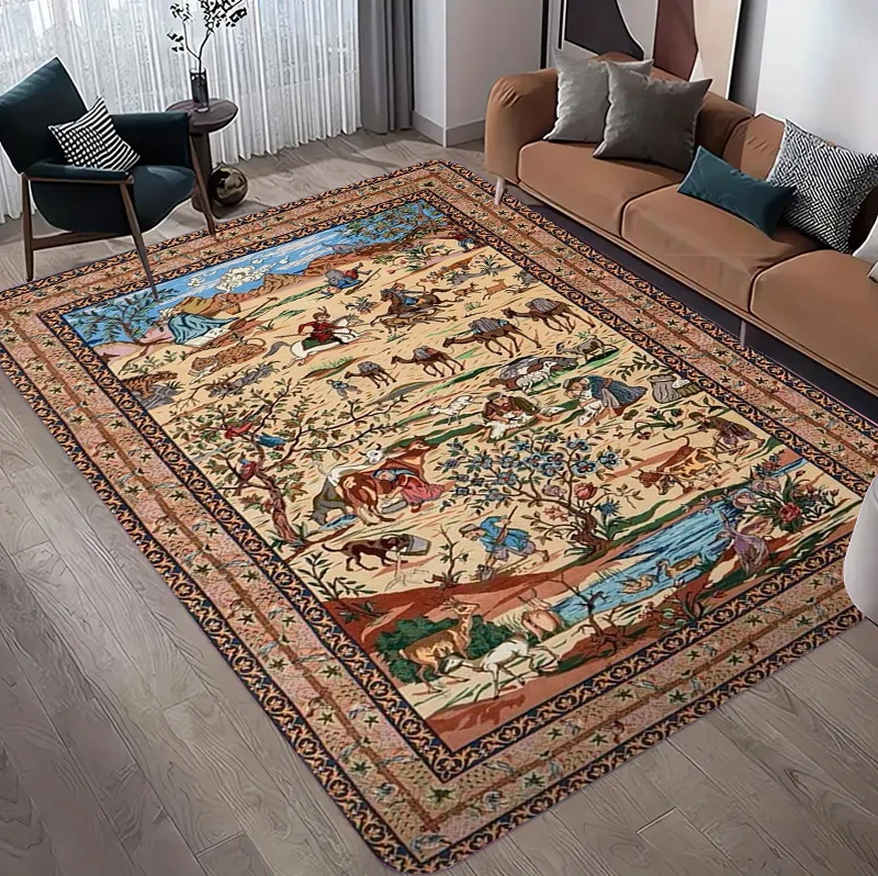Traditional Persian Carpet Mat Rug Home Decoration Living Room Hunting Horse Middle Eastern Pattern Non Slip Soft Floor Mat