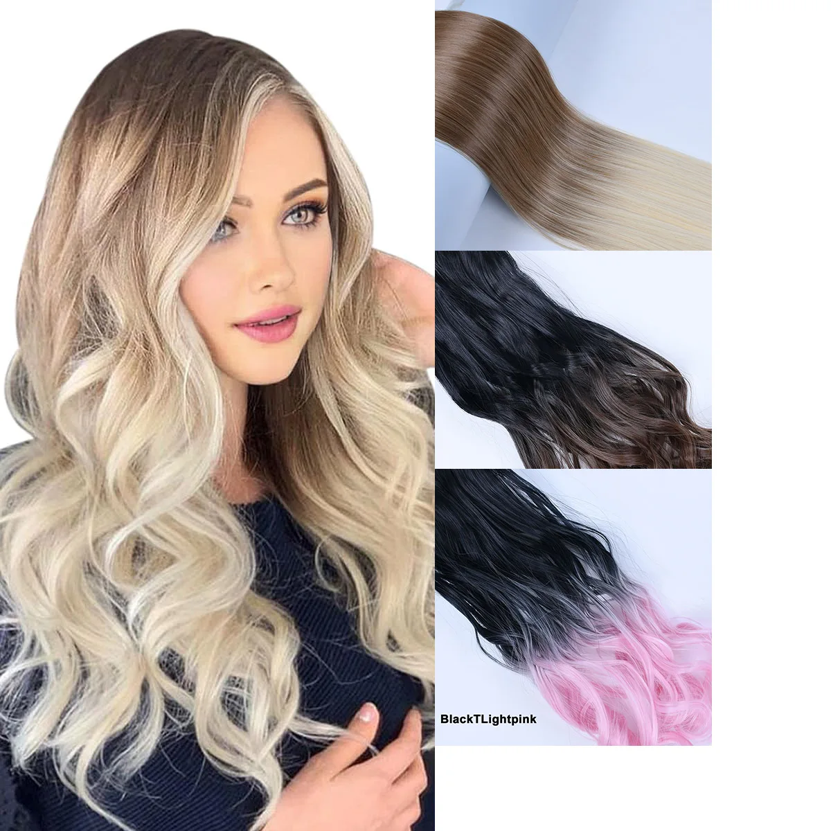 

Synthetic Invisible One piece Hair Extensions 24inch Long Straight Wave Hairpiece No Clips No Glue Pink Blue Ombre Color