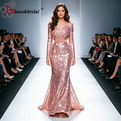 Elegant Pink Mermaid Evening Dresses for Women 2026 Sequin Velvet V Neck Long Sleeves Formal Wedding Prom Party Gowns Customized