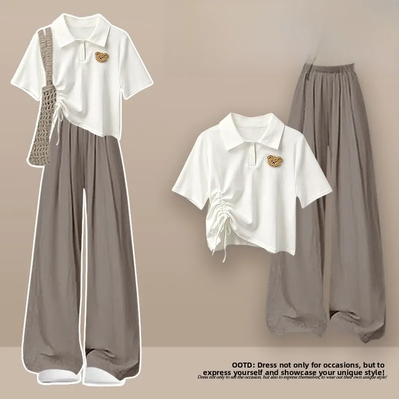 

Summer Casual Pants Set Women's Stylish Two-Piece Korean Style Breathable Cotton Print Pattern Short Sleeve T-Shirt