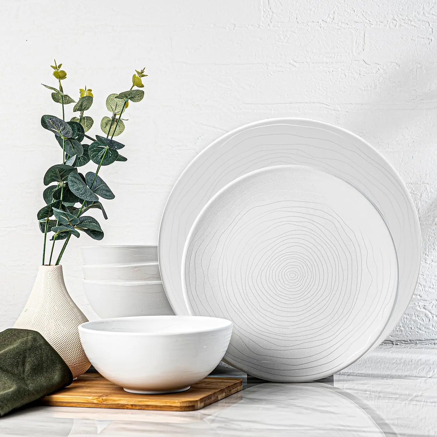 

12 Piece White Melamine Dinnerware Set - Durable, Easy to Clean Plates and Bowls - Ideals for Parties, Camping Dish Set BPA Free