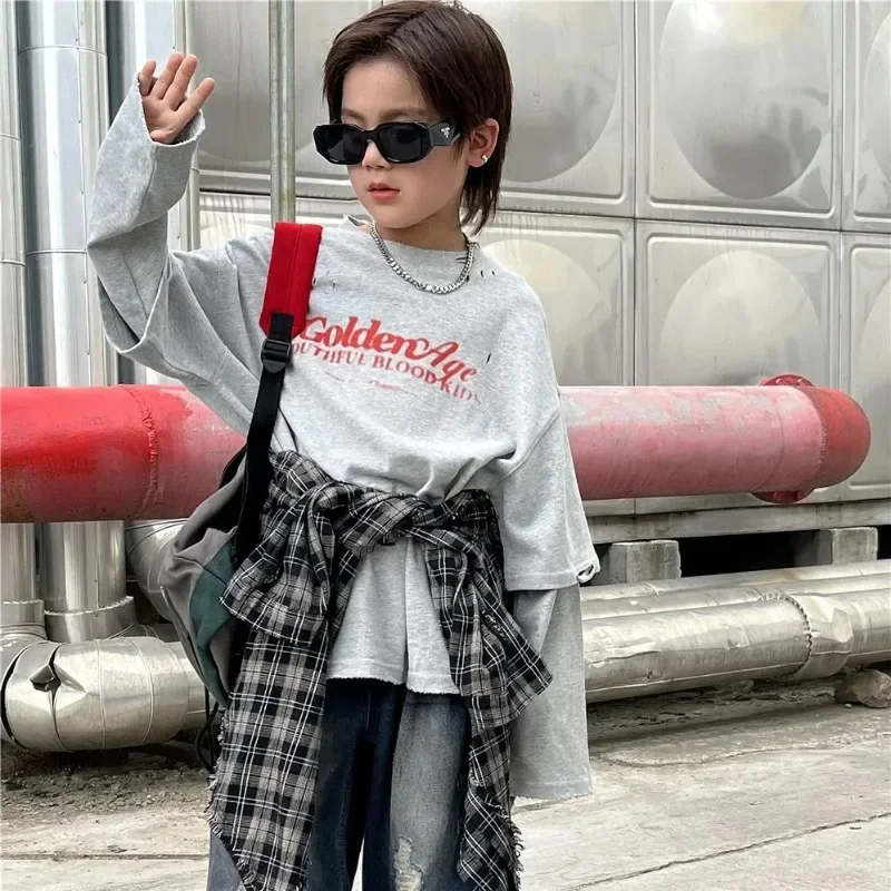 

Children Clothing Kids Autumn Fake Two Thickened Long-sleeved T-shirts 2024 New Fashionable Boys Handsome Casual T Shirt