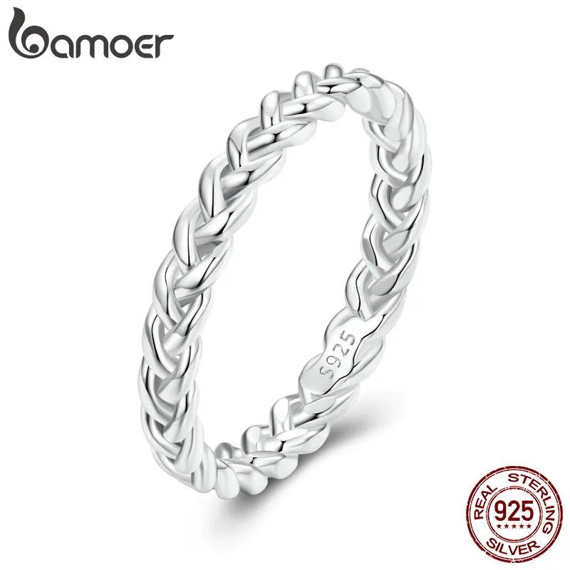 

Bamoer стерлингового серебра 925 пробы, плетеная текстура, витая коса Eternity Band, кольца на палец, ювелирные изделия, подарок для женщин BSR311