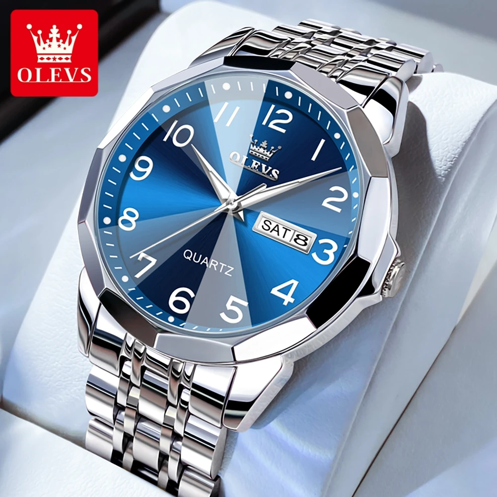 OLEVS 9970 Original Quartz Watch for Men Solid Steel Strap Rhombus Mirror Fashion Luxury Dual Calendar Men's Business Wristwatch