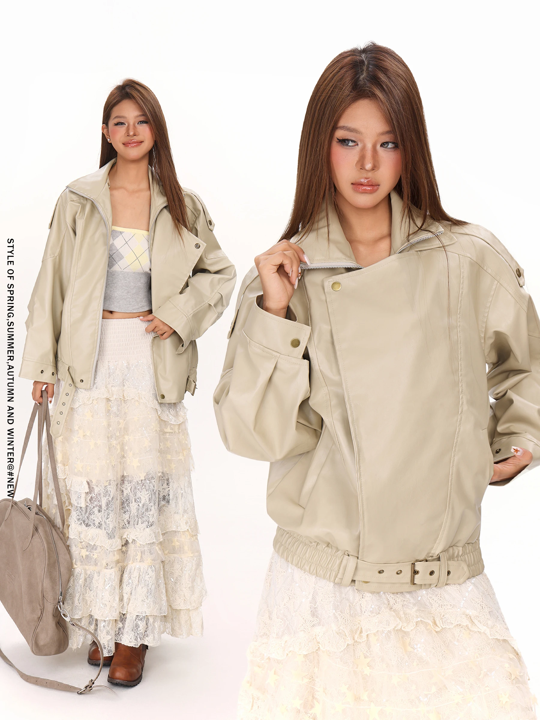 เสื้อแจ็คเก็ตมอเตอร์ไซค์สไตล์อเมริกันทรงหลวมสำหรับผู้หญิง ฤดูใบไม้ร่วง ฤดูหนาว เท่ห์ สบายๆ ปกพับได้ ทำจากหนัง ช่วยให้ดูผอมเพรียว