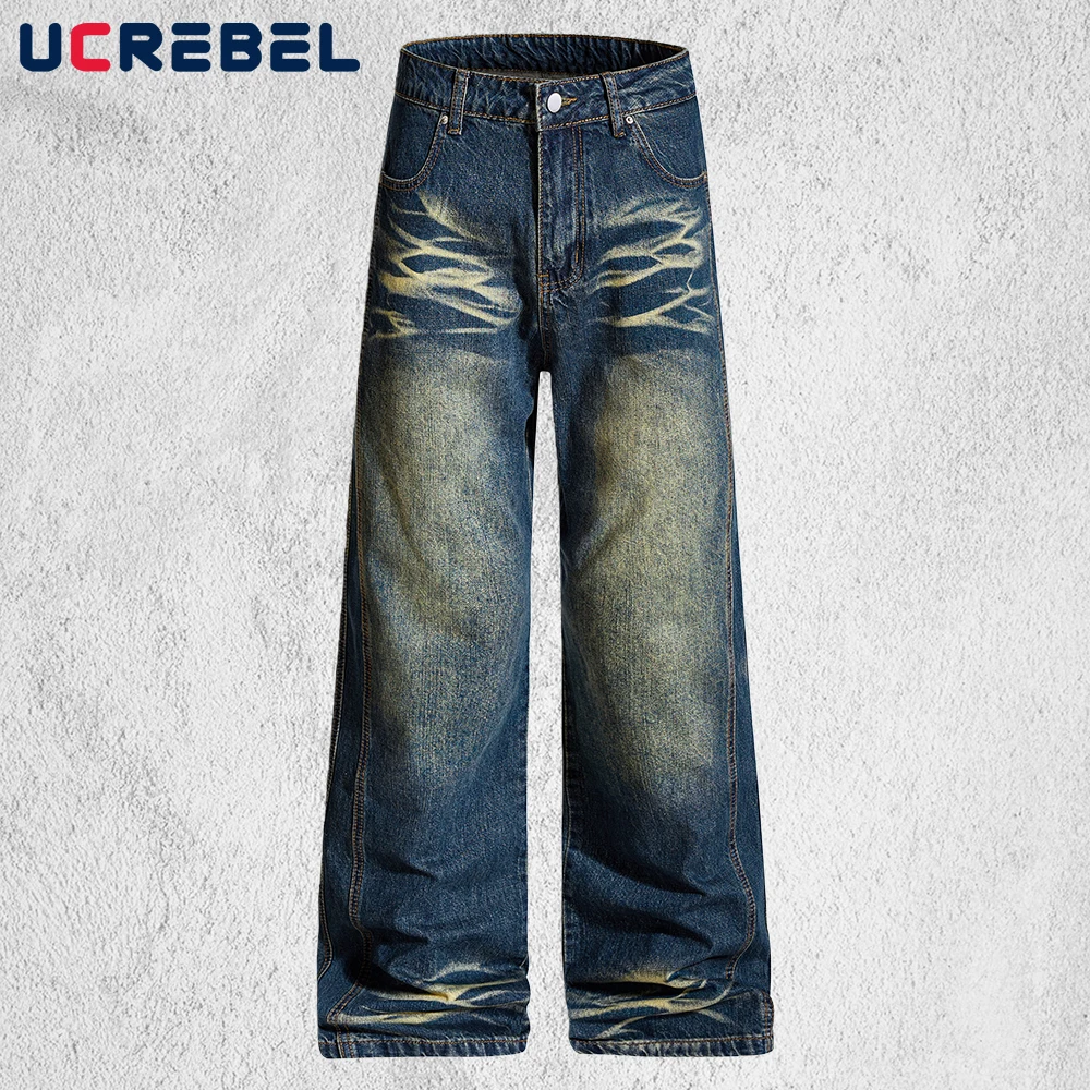 

Washed Distressed Spliced Jeans Mens Moustache Effect Pocket Retro High Street Baggy Straight Wide Leg Denim Pants Man