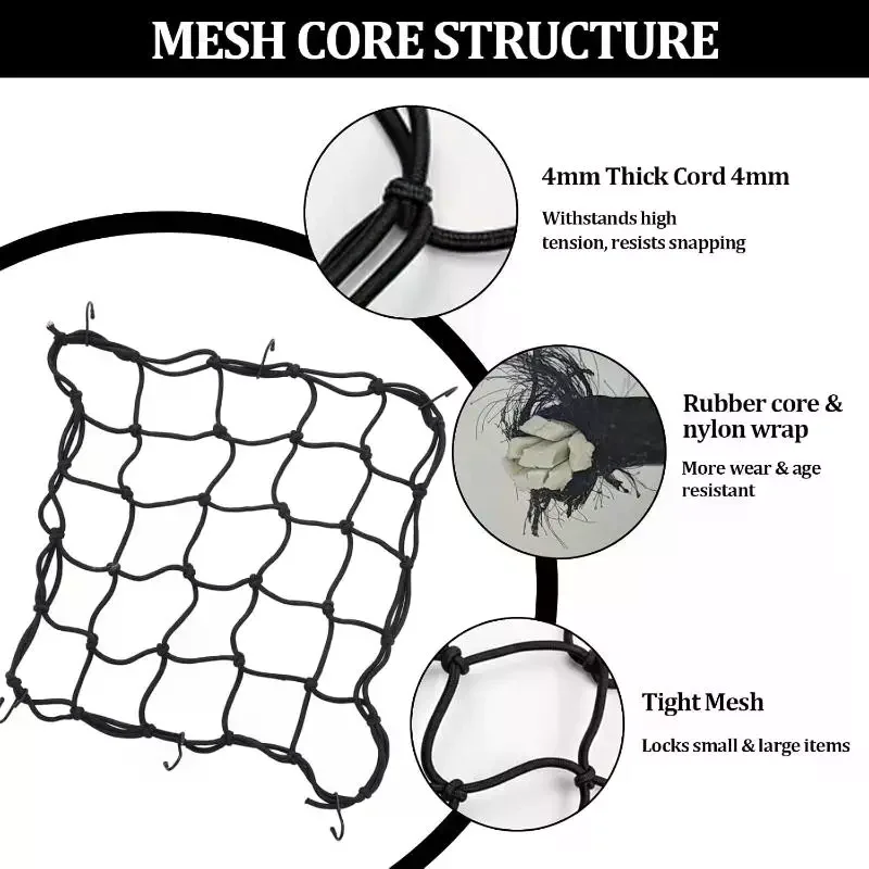 1x Motorcycle Luggage Net Bike 6 Hooks Hold Down Fuel Tank Luggage Mesh Web Bungee Black Motorcycle Bike Tank Car Styling