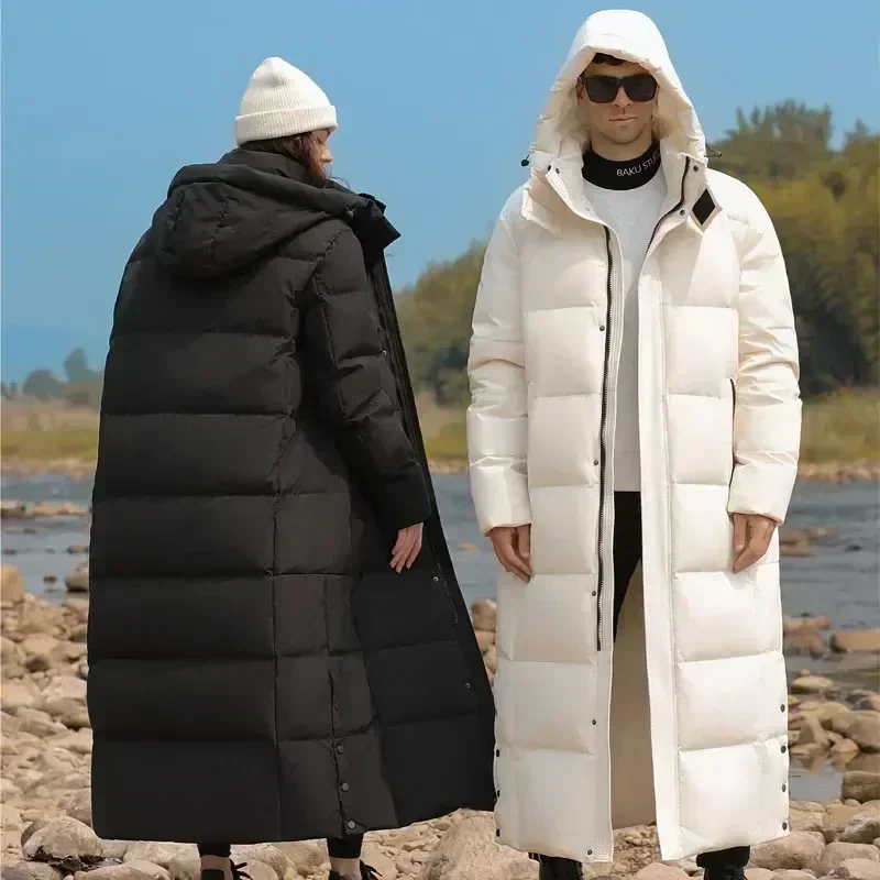 Chaqueta de plumón de ganso para hombre y mujer, Parka larga con capucha, por encima de la rodilla, informal, a prueba de viento, ligera, de lujo, a