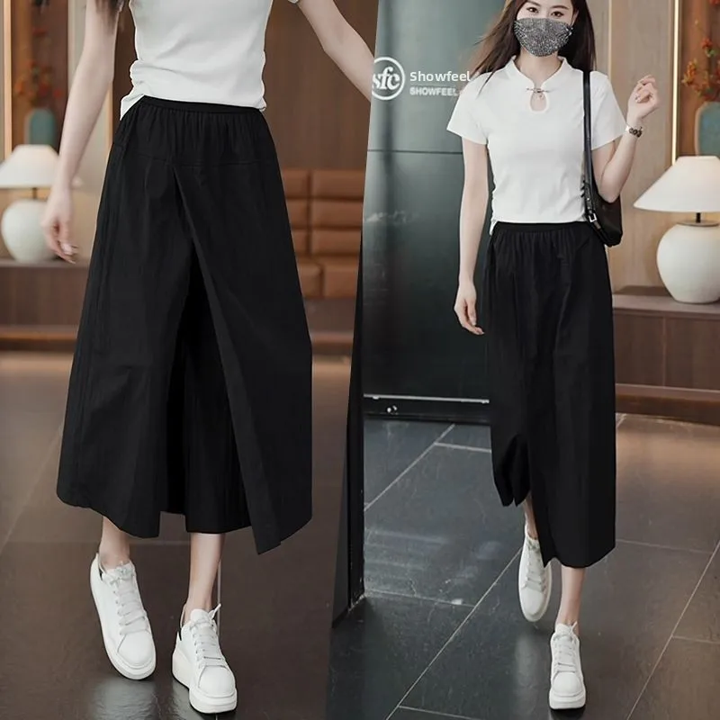 

Summer Thin Large Size High Waist Loose Casual Pants Conceal Meat Slim Wide Leg Eighteen Pants Skirt for Plump Sister MM