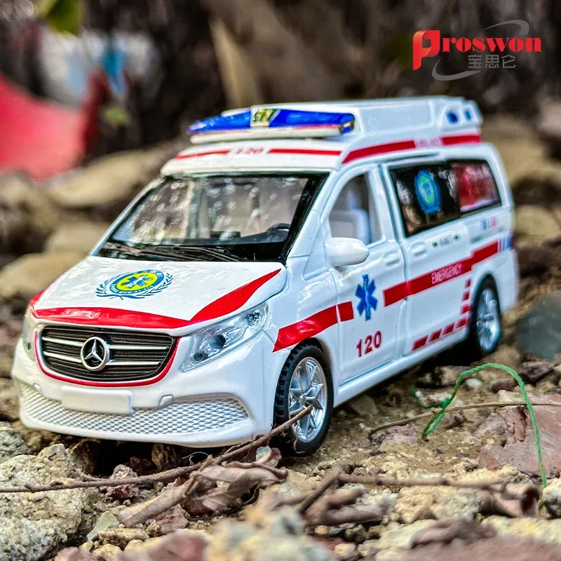 1:32 Mercedes Benz Emergency ambulance 120 Diecast Metal Alloy Model car Sound Light Pull Back Collection Kids Toy Gifts