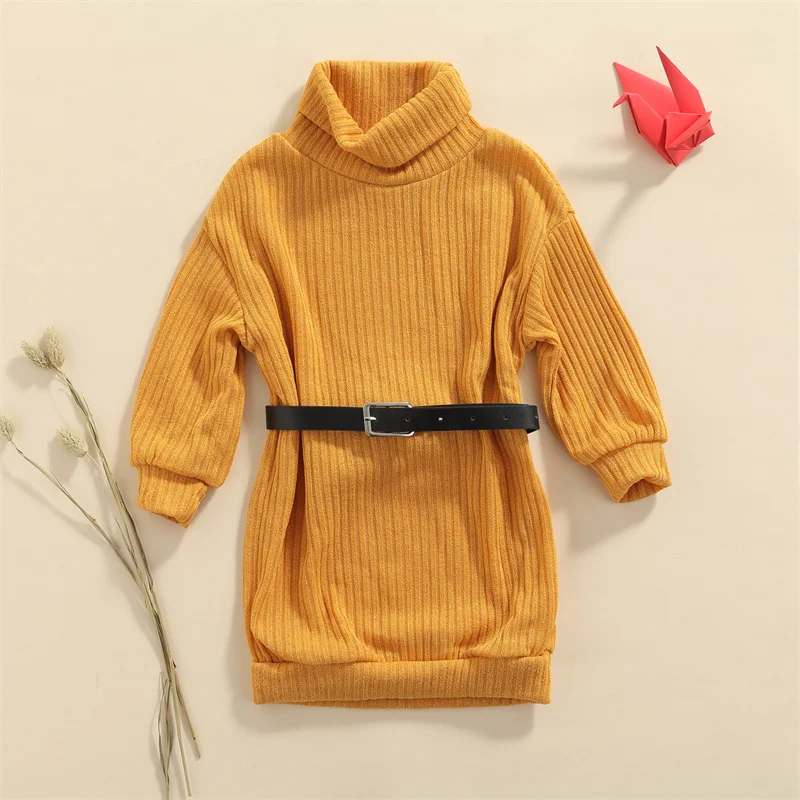 Little Toddler Baby Girl Outfits Turtleneck Ribbed Knit Sweater Dress Kids Solid Ribbed Long Sleeve Dresses +Belt Fall Clothes