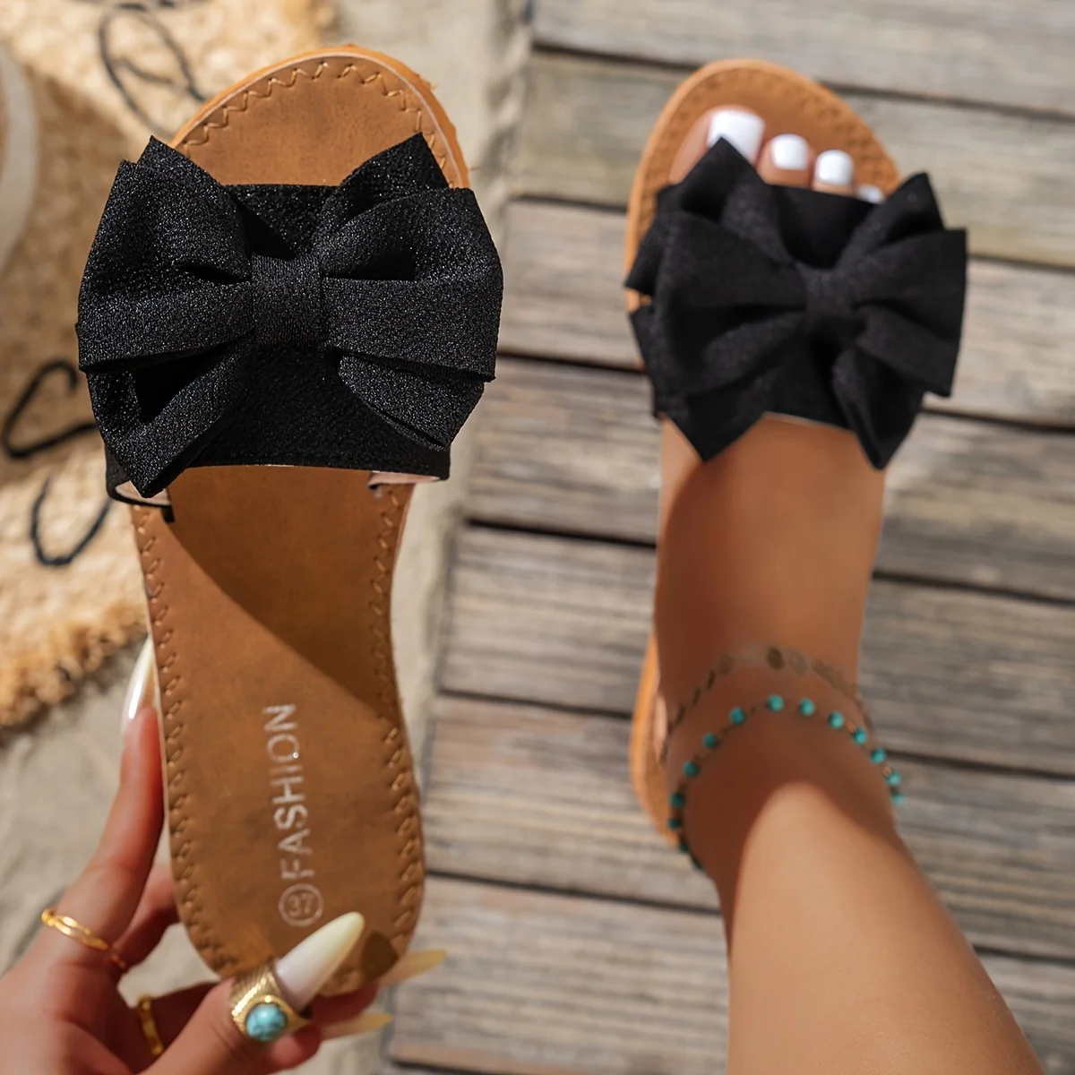 2026 New Arrival Women Big Bow Decor Slide Slippers Open Toe Flat Soft Sole Non Slip Comfort Summer Beach Pool Outdoor Travel Daily Walking Casual Ladies Fashion Sandals Black Beige Two Solid Color Options Available