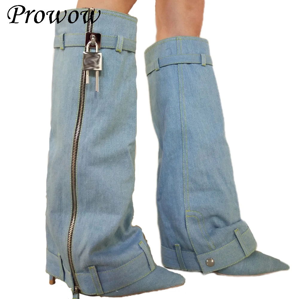 

Новые остроконечные джинсовые сапоги до колена на высоком каблуке с пряжкой на тонком каблуке, женская обувь Zapatos Mujer