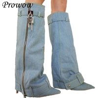 New Pointed Denim High Heeled Belt Buckle Thin Hee Knee High Boots Shoes Women Zapatos Mujer