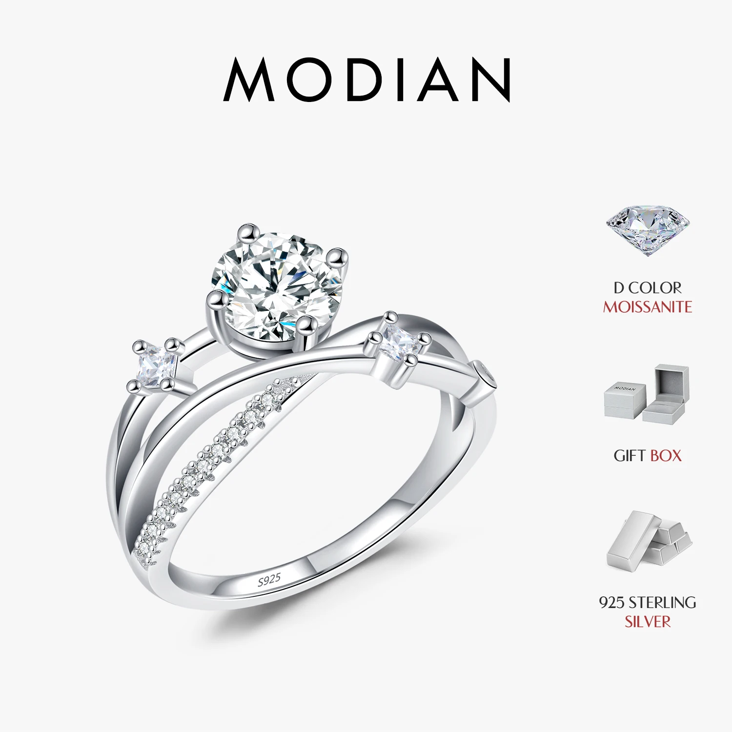 MODIAN-Bague Moissanite absorbe ouissante en argent regardé 925 pour femme, lignes multicouches, bijoux de mariage, cadeaux, 1CT VVl's Clarity