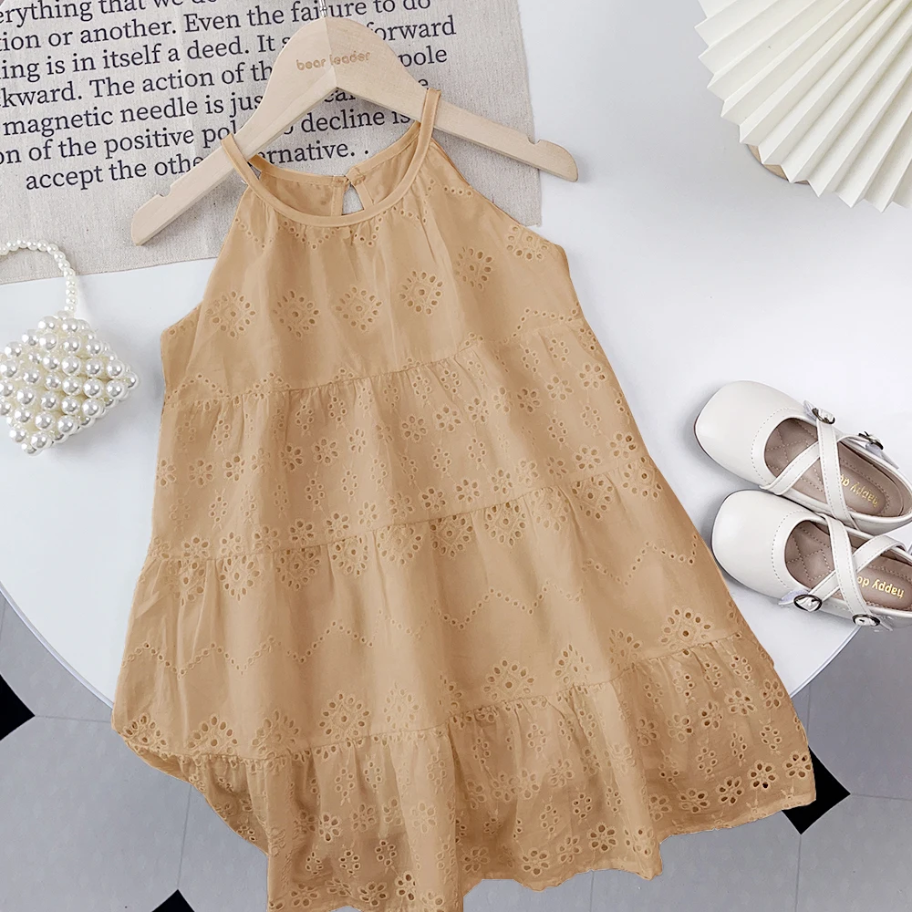 Leisure Vacation Style Solid Color Hollow Pattern Suspender Dress for Girls Aged 3-7 Summer Korean Version