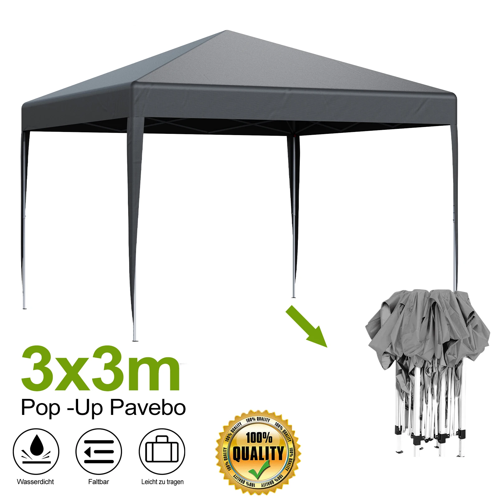 3x3 m Pop-Up Pavillon, Faltpavillon, wasserdicht, Anti-UV Gartenzelt, Partyzelt mit Tragetasche, für Strand Camping Markt