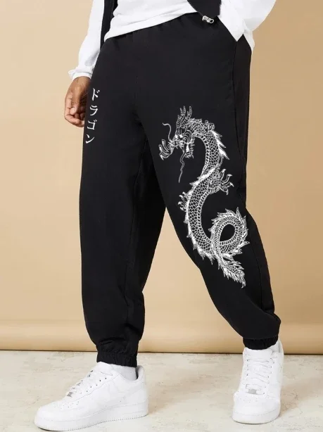 أزياء الرجال ركض التنين طباعة الحضرية الشارع الشهير فضفاضة تناسب السراويل الصيف الجديدة مزيج القطن تنفس السراويل الرياضية