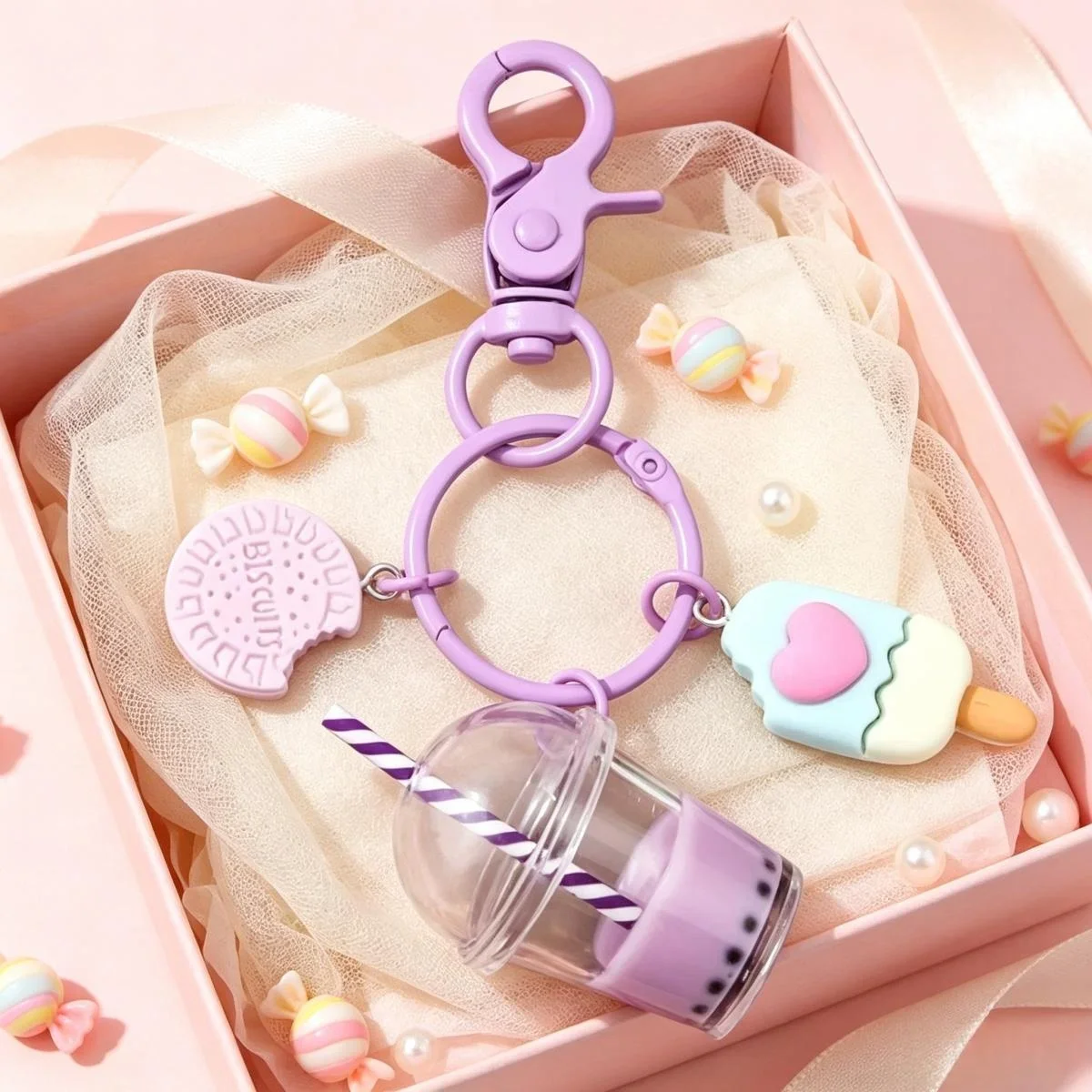Ice Cream Bubble Tea Keychain Set Pink Kawaii Biscuit Charms Key Rings Bag Charm Friendship Gift for Girls Christmas Present