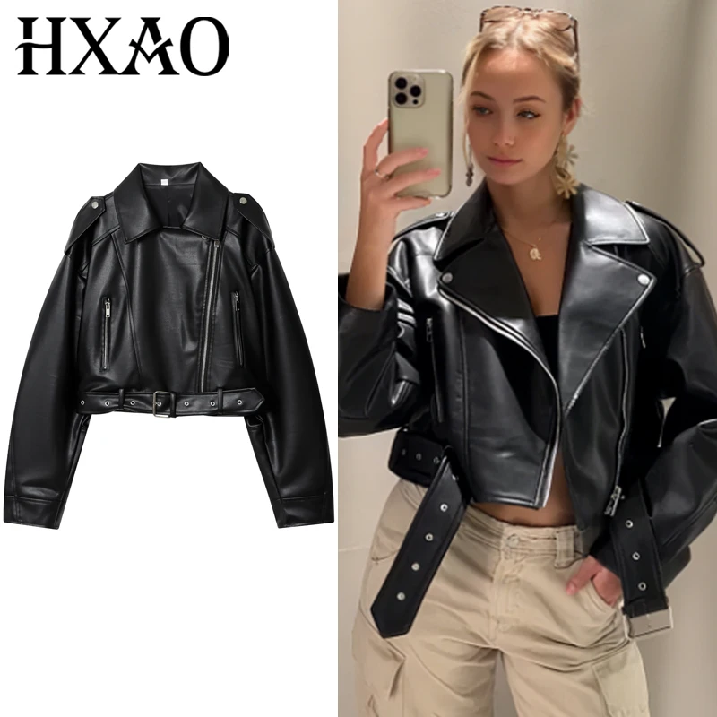 HXAO Black Pu Leather Jacket Women's Jacket Autumn 2025 Crop Asymmetric Zip Coat Long Sleeve Outerwears Chic Motorcyclist Jacket