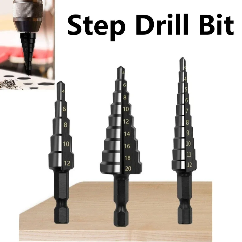 3-12MM HSS Step Drill Bit Set Nitrogen Coated Straight Groove High Speed Steel Stepped Up Cone Conical Hex Shank Hole Cutter