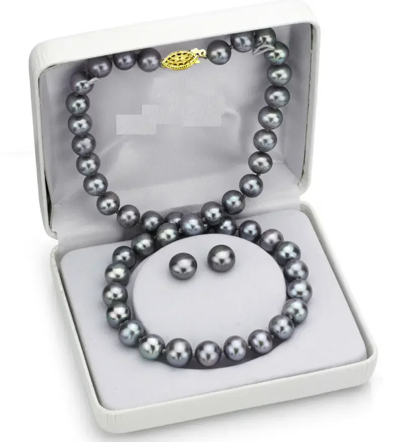 

18"9-10mm Natural South Sea Black Pearl Necklace earrings 14k 655AAA