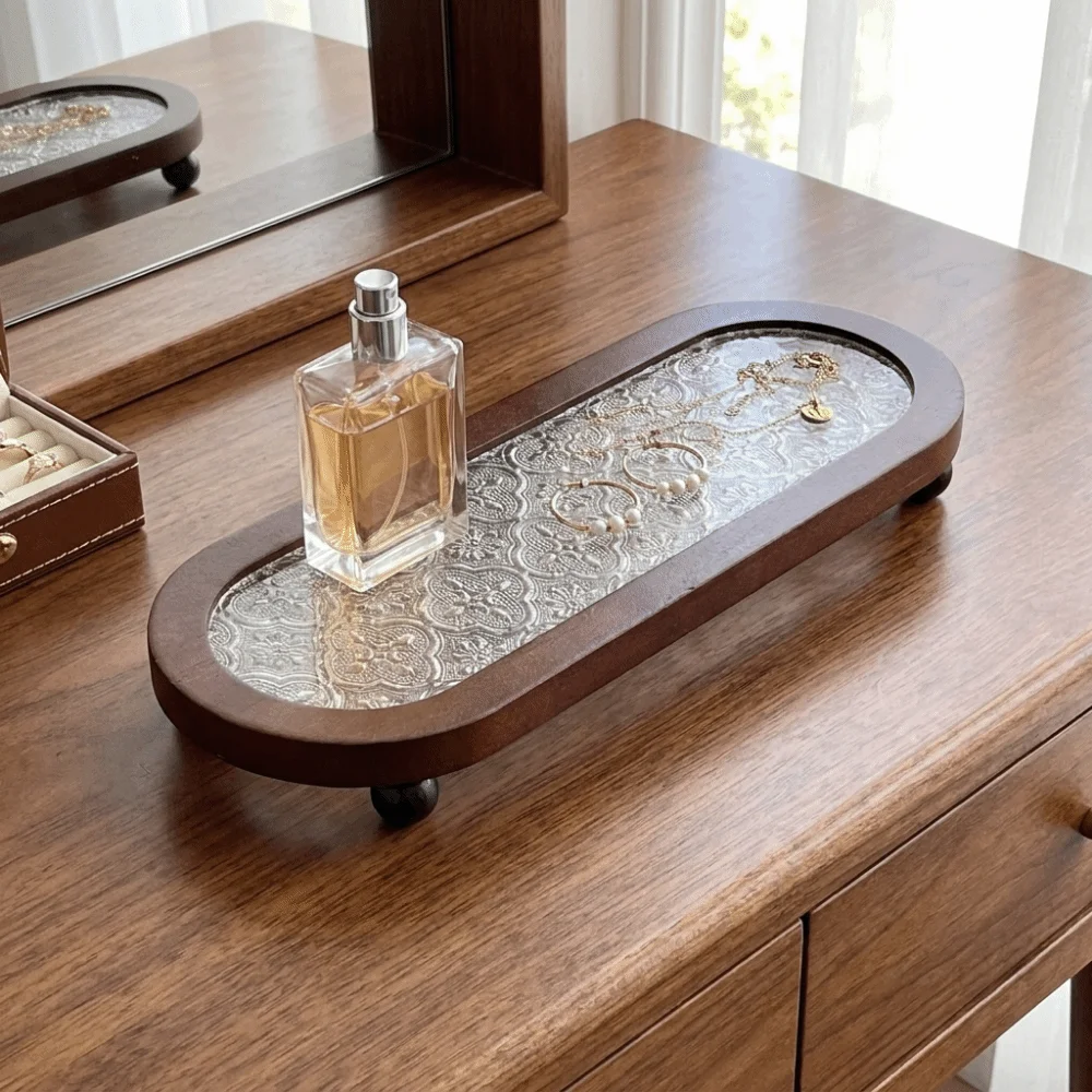 Embossed Pattern Oval Wooden Decorative Tray Large Capacity Space Saving Wooden Vanity Tray Round Ball Feet