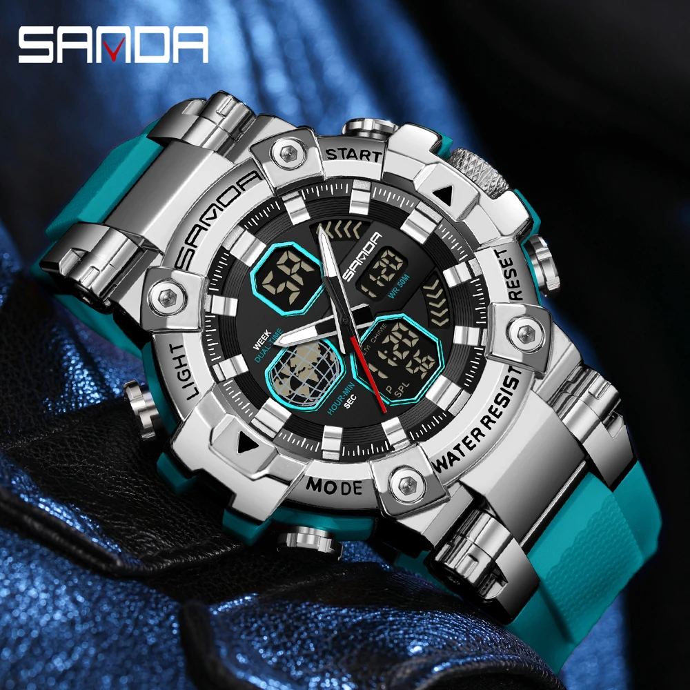 

Мужские электронные часы SANDA с двойным дисплеем, спортивные водонепроницаемые многофункциональные ночные часы со светодиодной подсветкой, мужские электронные часы 3369
