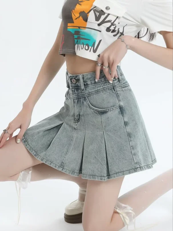 Vintage Fringe Design Slimming High-waisted Denim Skirt Women's Mini Plenty Wrinkles Jeans Skirts For Summer 2025 p1689