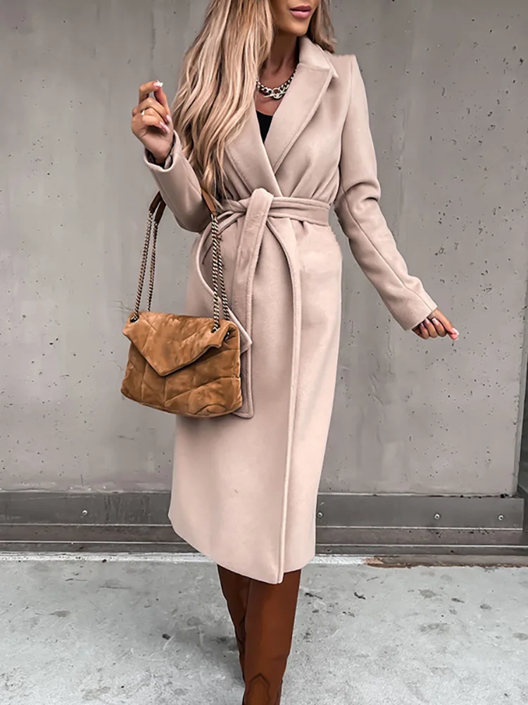 Elegant Female Belt Winter Trench Coats Long Sleeve V Neck Slim Office Solid Coat Vintage Women Streetwear Long Overcoats