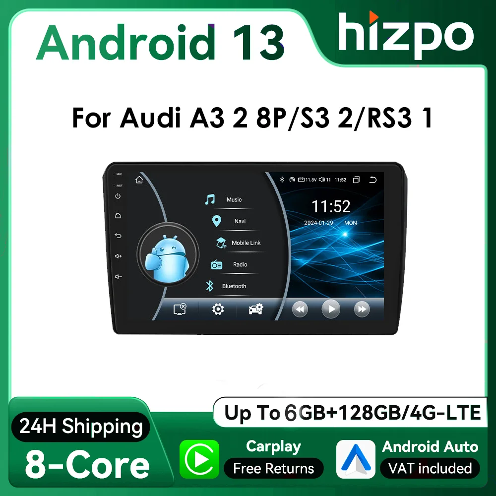 Hizpo 2Din 9inch Android13 Car Radio for Audi A3 8P 2003 - 2013 GPS RDS DSP CarPlay Android Auto 4G BT UI8581 Intelligent System