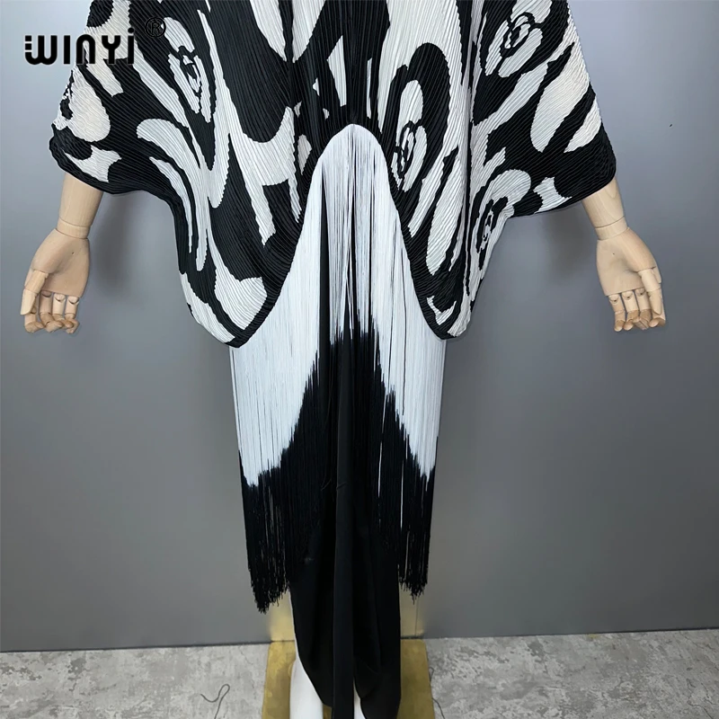 WINYI Gradual tassel dress Women crumple Design Loose boho robe Maxi Long Femme Vestidos holiday Party Elegant Pleated dress