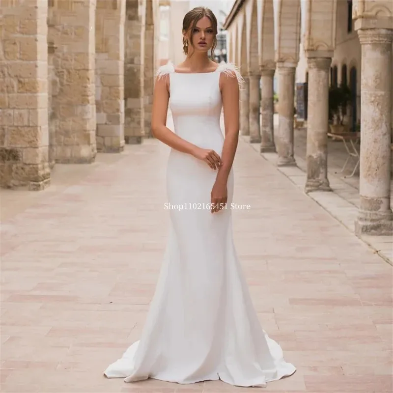 Vestidos De novia elegantes De sirena para mujer, vestidos De novia con espalda abierta, Vestido De novia De perlas con plumas