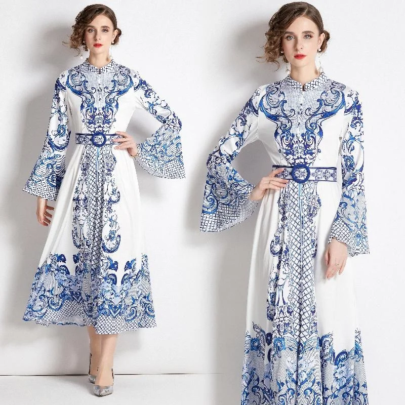 

Temperament Vintage Occident Court Style Women Long Dresses Blue Color Big Swing Loose Bodycon Flare Sleeve Tunic Belt Vestidos