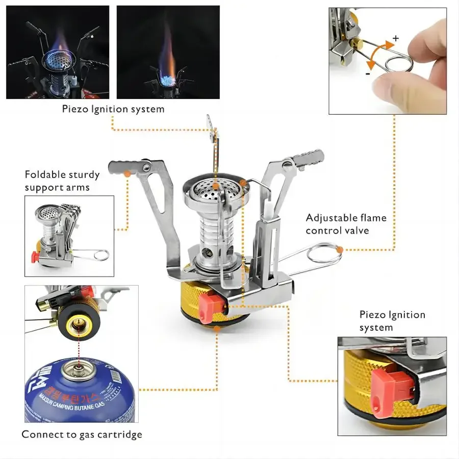 Portable Camping Stoves Backpacking Stove with Piezo Ignition Stable Support Wind-Resistance Stove for Outdoor Hiking Cooking