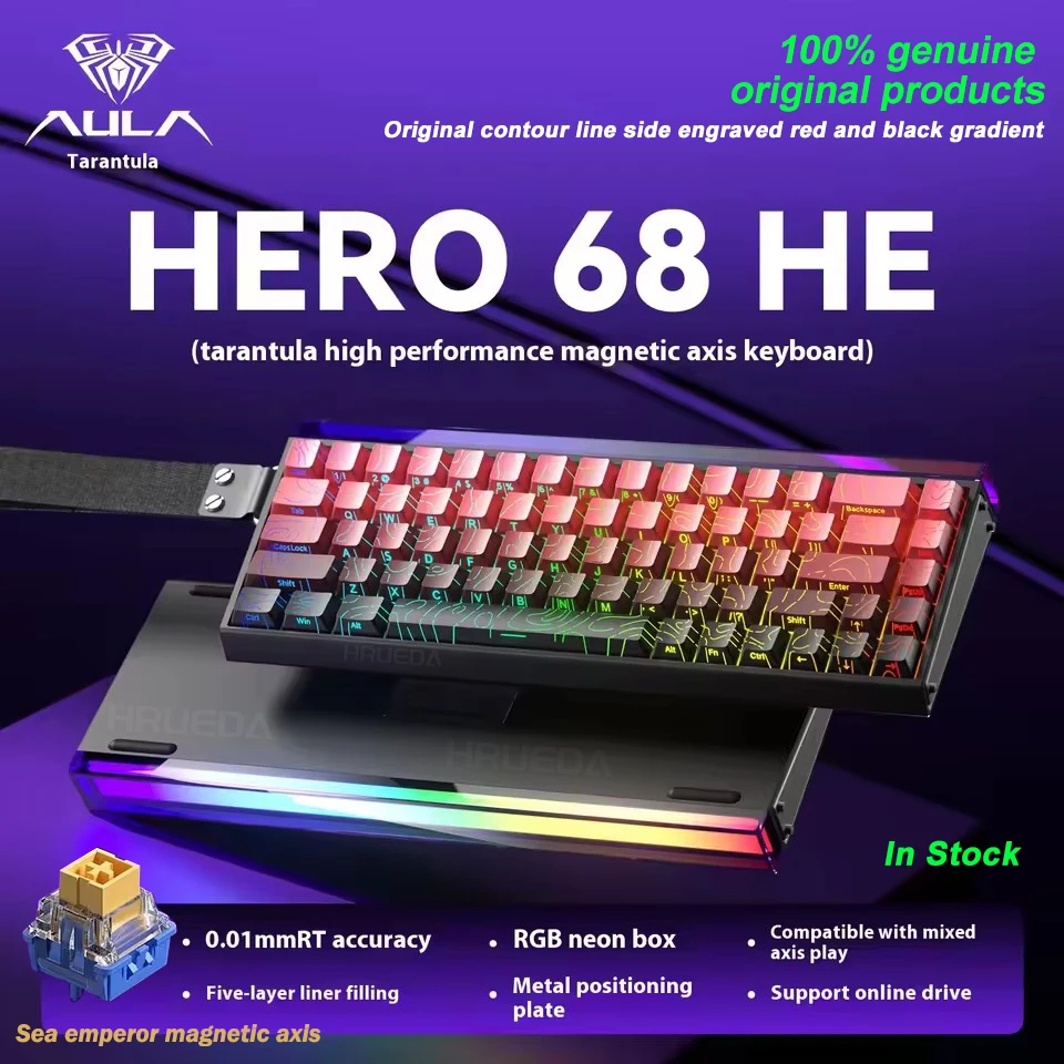 

Оригинальная клавиатура с магнитным переключателем AULA HERO 68HE, быстрый триггер, 8K, возвращение, киберспортивная геймерская клавиатура, проводная игровая клавиатура RGB