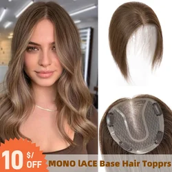 14 Inch Brown Human Hair Toppers Mono Lace Base Clip in Hair Pieces Silk Straight Natural Human Hair Toppers for Women Daily Use