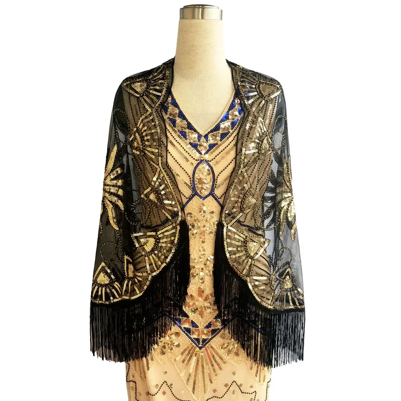 1920s Sequin Beaded Floral Shawl Wraps Fringed Evening Cape Scarf for Wedding Prom Party