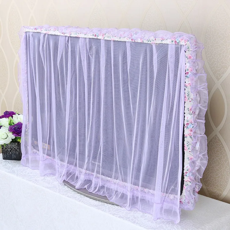 Lace Fabric Door Curtain TV Circle Can Be Flipped Dust Cover Monitor Screen Home Decorations Dust Cover With Elastic