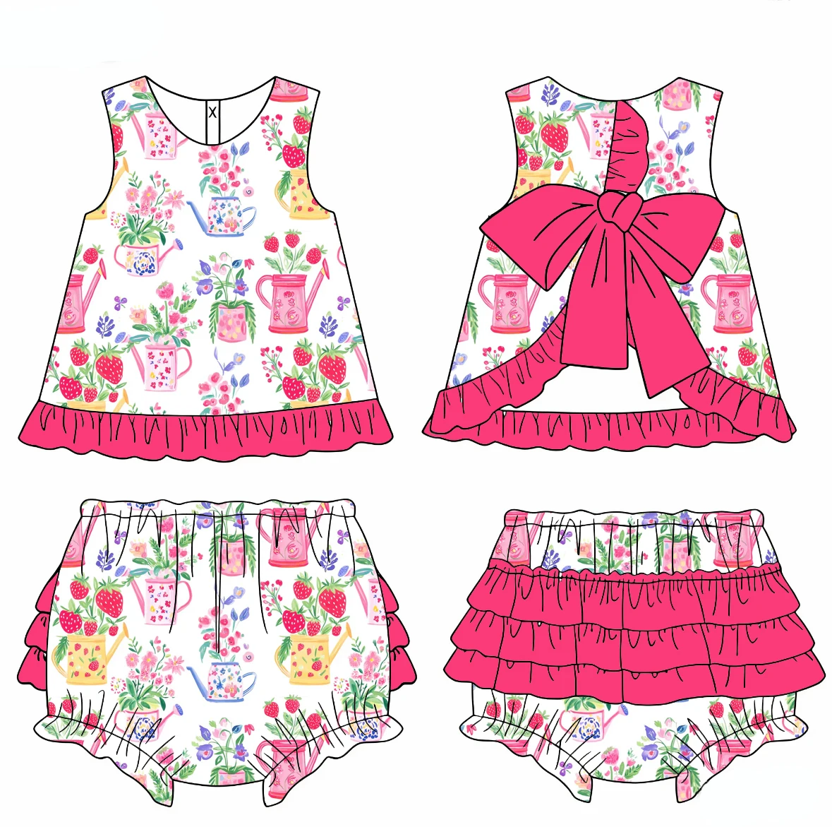 Hot Sales Summer Girl Clothing Sleeveless Bow Ruffles Bummie Set Strawberry Bow Print 2 Piece Set
