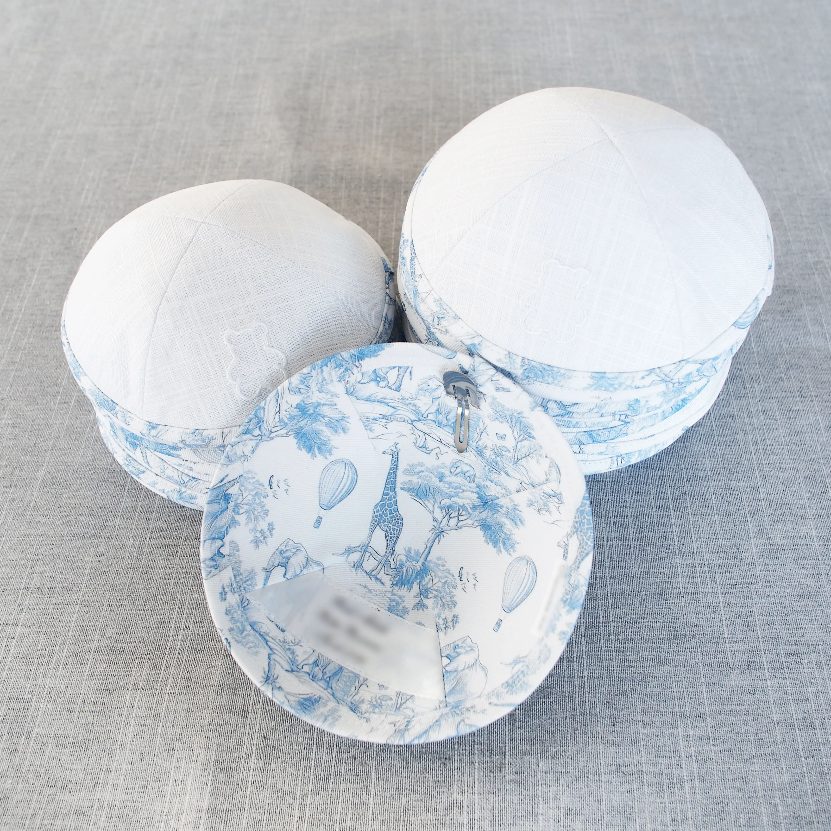 

Custom white embroidered linen kippah, custom digital printing, Jewish Ahava accessories, kippahs for weddings and bar/bat mitzv